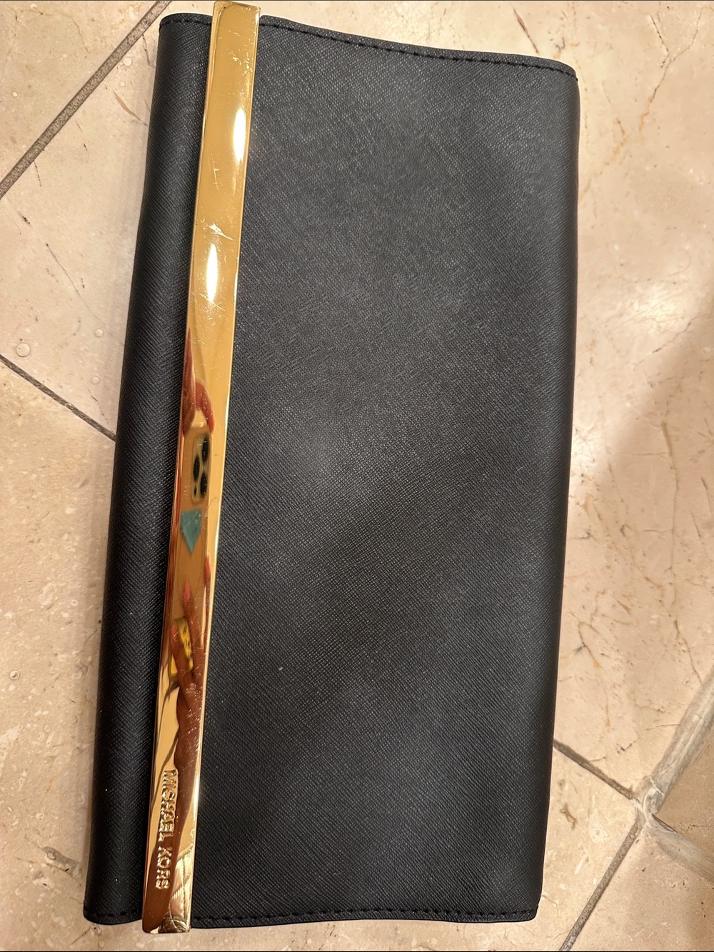 Black Leather-Look Clutch with Gold Accent